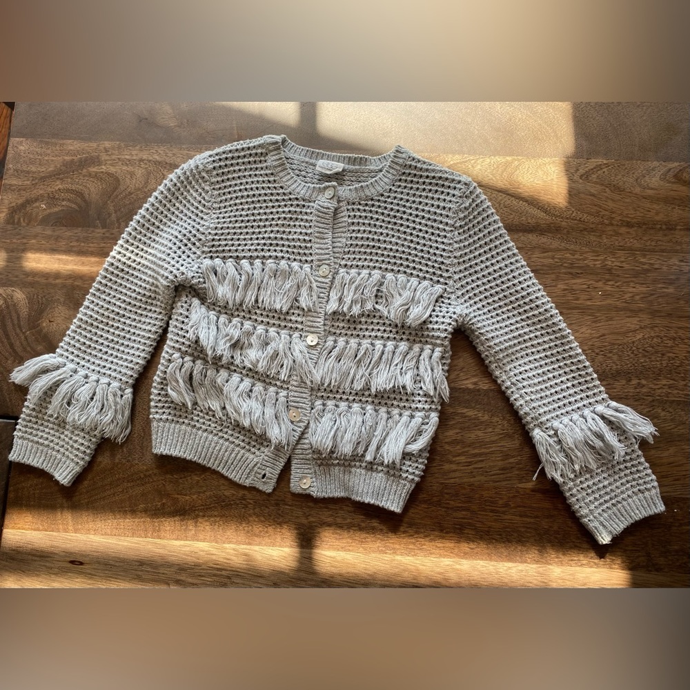 Grey metallic fringe cardigan.